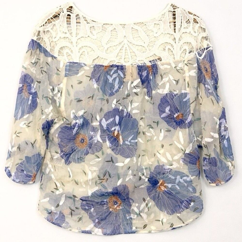 Vanessa Virginia Anthropologie Floral Sheer Blouse Lace Yoke Boho Top S